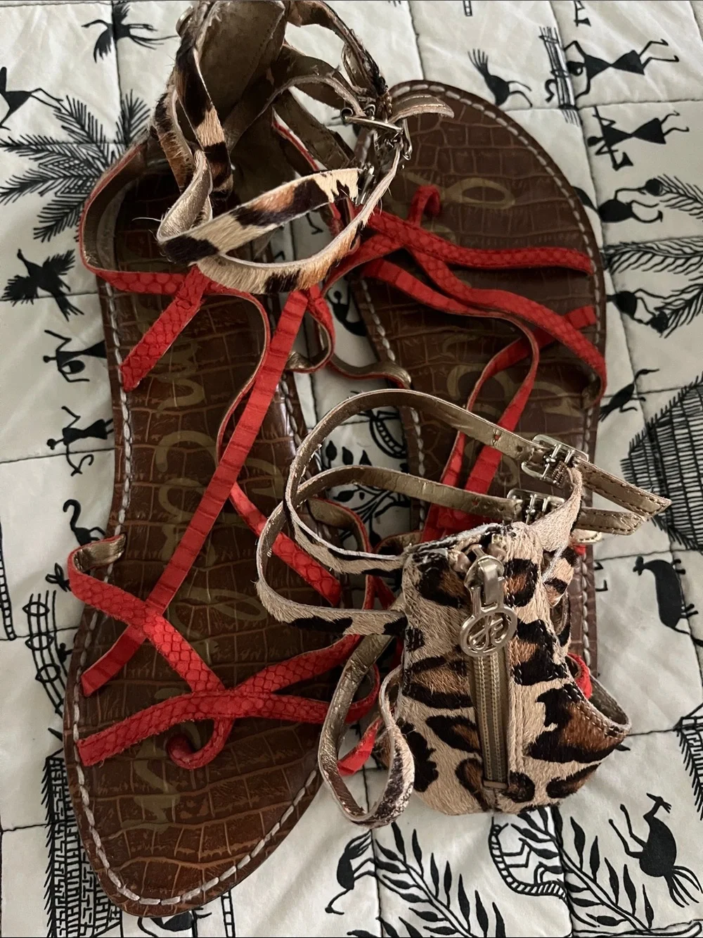 Sam Edelman Red Strappy Sandals with Leopard Accent